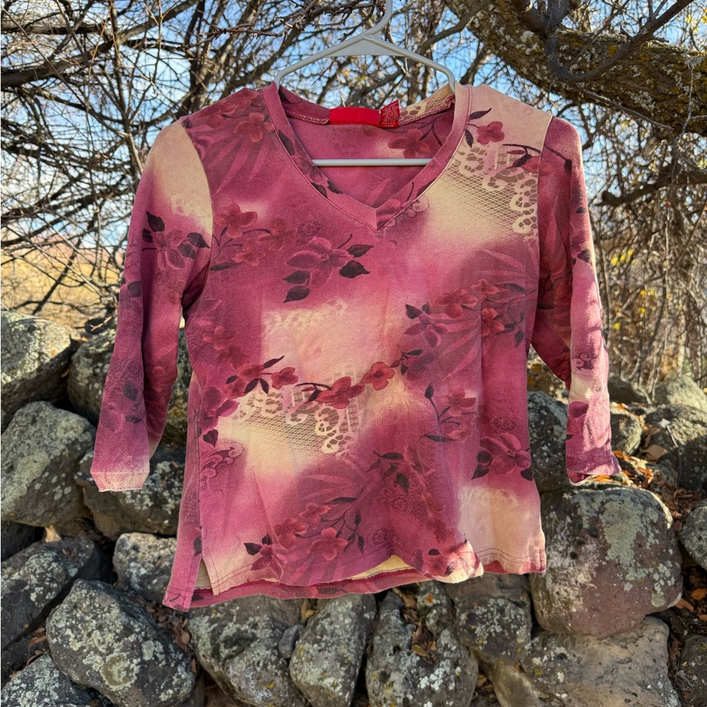 Gloria Vanderbilt Floral Long Sleeve Top - Pink and Cream